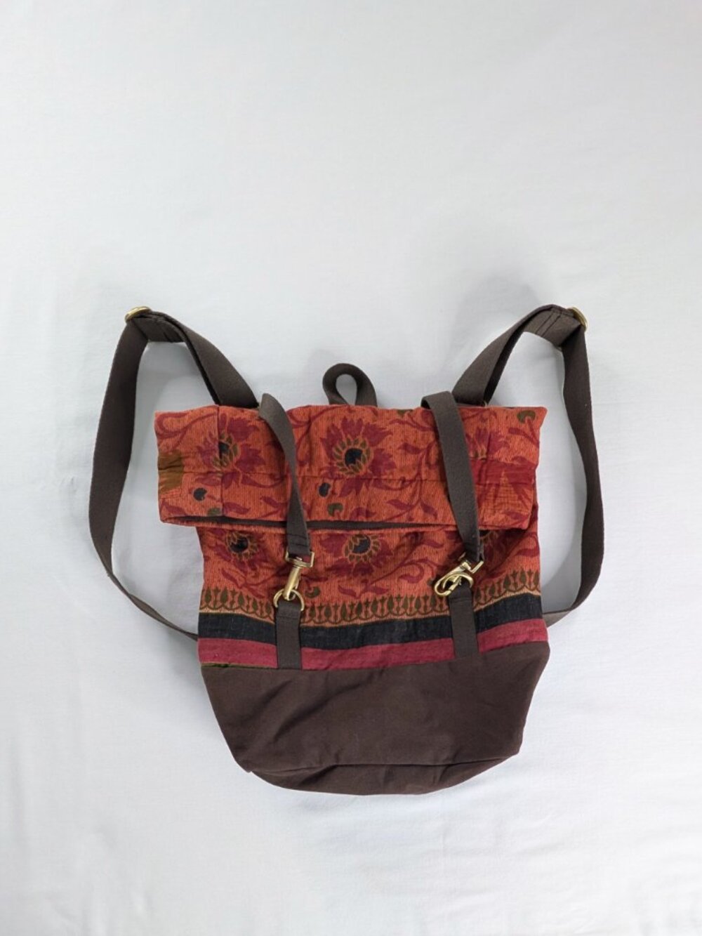Canvas Burnt Orange Red Brown Canvas Roll Top Floral Print Backpack Travel Bag